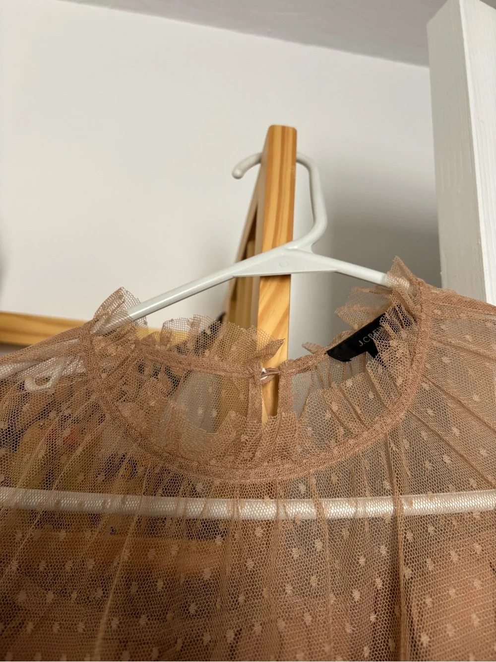 J.Crew Sheer Dot-Textured Ruffle Yoke Blouse - Nude/Tan